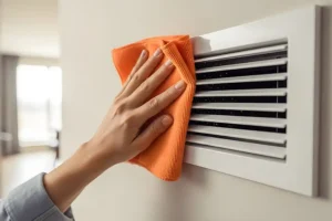 Heartland Heating & Cooling—A hand with a cloth cleaning an air vent to reduce allergens in a home in Springfield, IL.