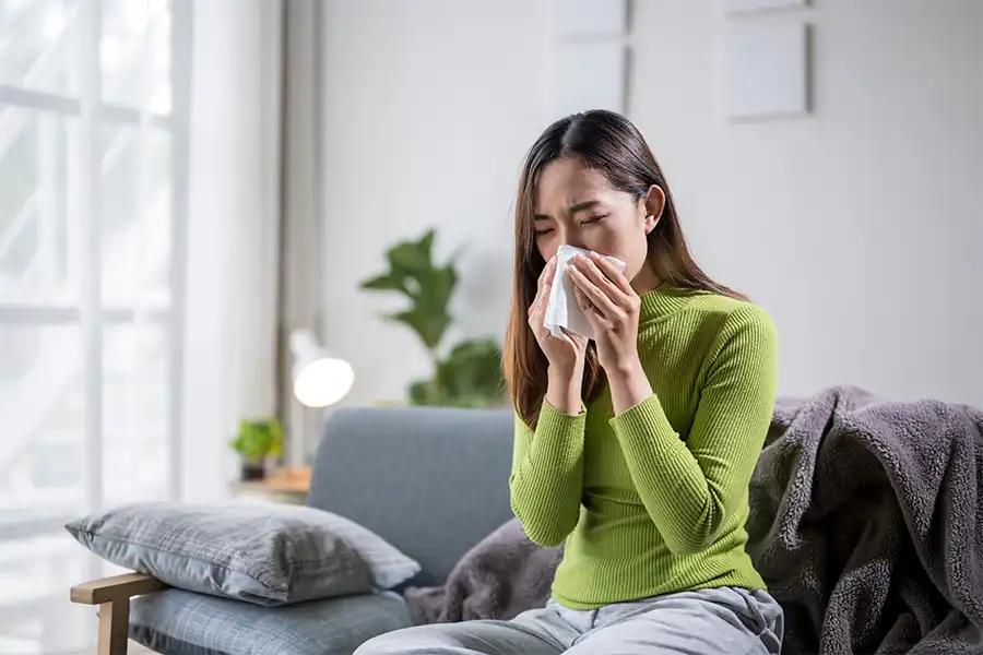 Heartland Heating & Cooling—A sick woman sneezing in her home in Springfield, IL.