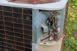 HEARTLAND HEATING & COOLING - Close-up of a rusted, old outdoor air conditioner unit abandoned in the yard of a Springfield, IL home.