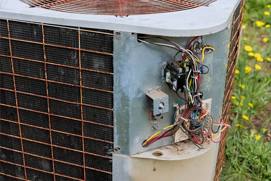 HEARTLAND HEATING & COOLING - Close-up of a rusted, old outdoor air conditioner unit abandoned in the yard of a Springfield, IL home.