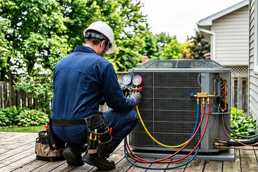 Heartland Heating & Cooling—An HVAC technician servicing an outdoor residential AC unit in Springfield, IL.