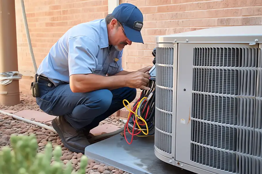 Heartland Heating & Cooling technician inspecting an energy-efficient air conditioning unit and comparing SEER ratings outside a Springfield, IL residence.