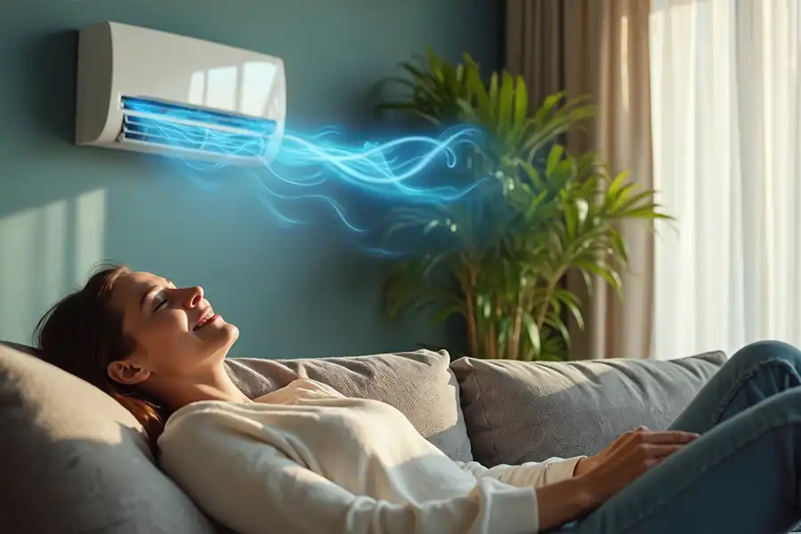 Heartland Heating & Cooling—A woman enjoys cool air from a modern zone cooling AC unit in her home in Springfield, IL.