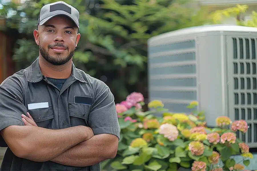 Heartland Heating & Cooling—An HVAC technician standing next to an outdoor AC unit in Springfield, IL.