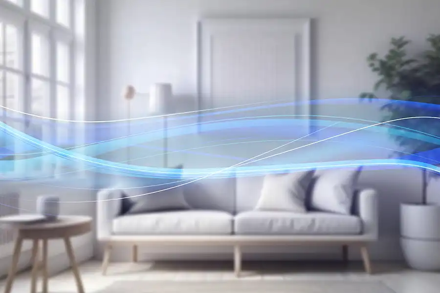 Heartland Heating & Cooling— A bright, modern living room is overlaid with flowing blue and white waves representing cool, clean air symbolizing indoor air quality.