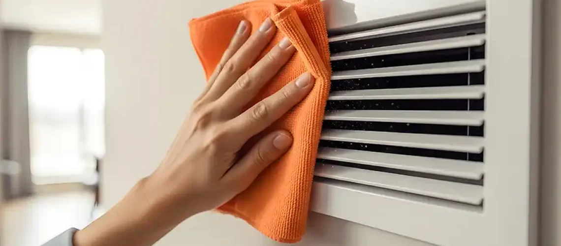 Heartland Heating & Cooling—A hand with a cloth cleaning an air vent to reduce allergens in a home in Springfield, IL.
